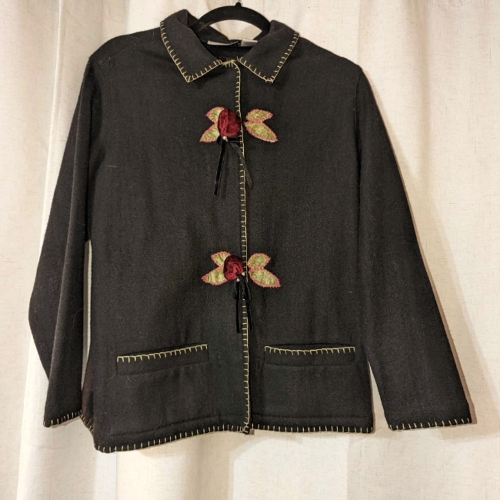 Black Wool Blend With Velvet Roses Whimsigoth Vintage Button Up Jacket